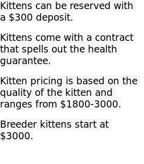 Kittens can be reserved with a $300 deposit.  Kittens come with a contract that spells out the health guarantee.  Kitten pricing is based on the quality of the kitten and ranges from $1800-3000.  Breeder kittens start at $3000.  
